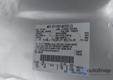 2005 Ford Ranger Edge/Xl/Xlt z USA, uszkodzony, nr VIN 1FTZR15E55PA69675